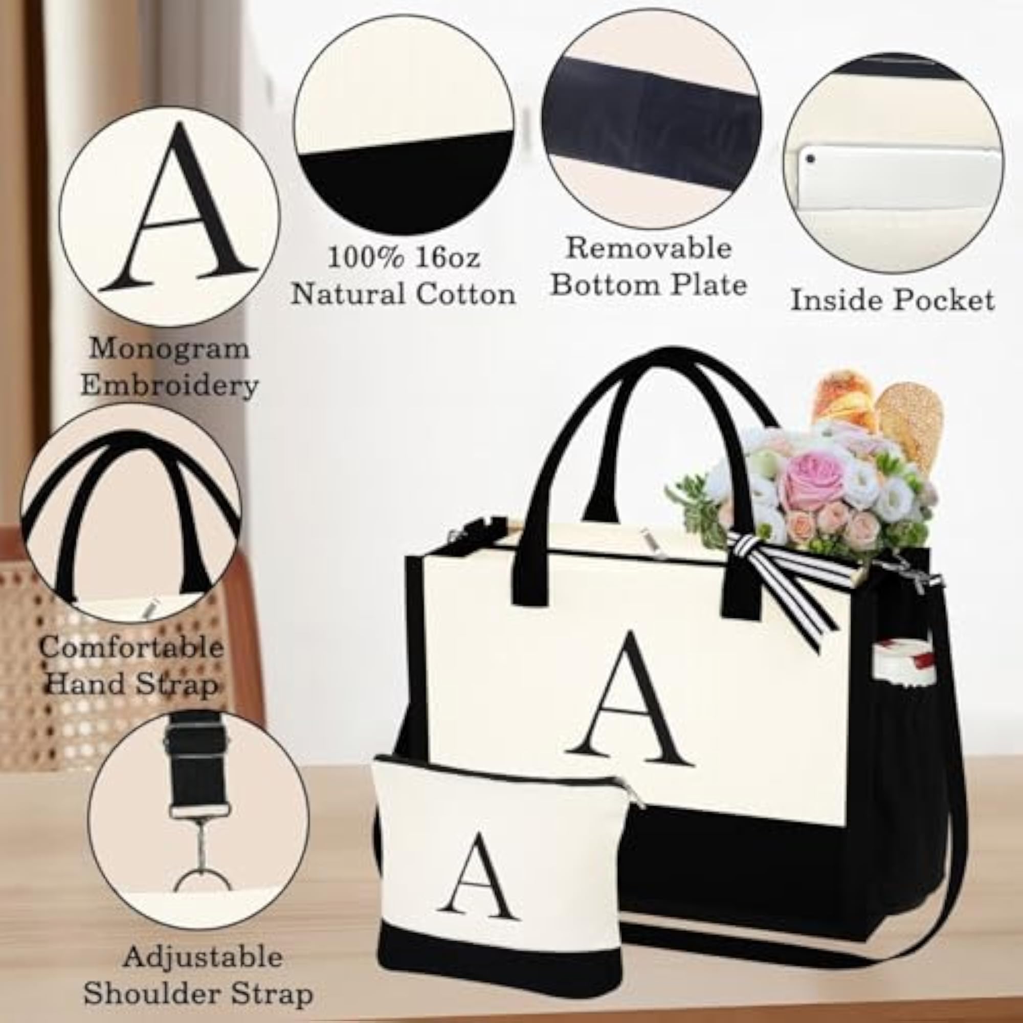 Initial Canvas Tote Bag & Makeup Bag Gift Set